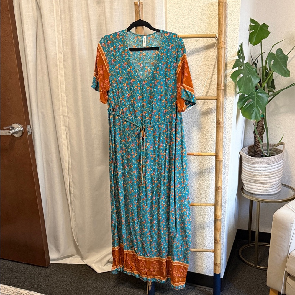 Vibrant Floral Maxi Dress in Teal and Orange